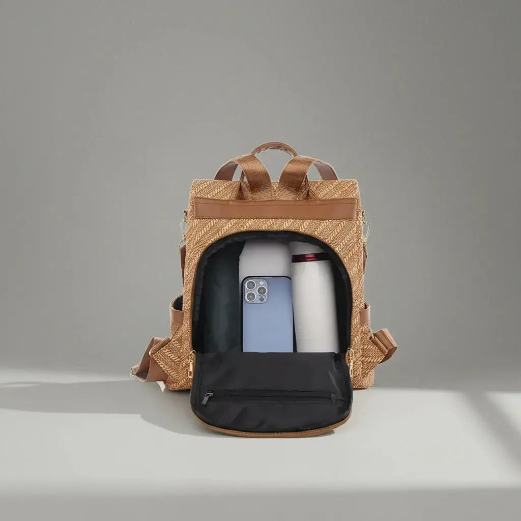 Sac à dos urbain femme cuir Marron avec vue intérieur