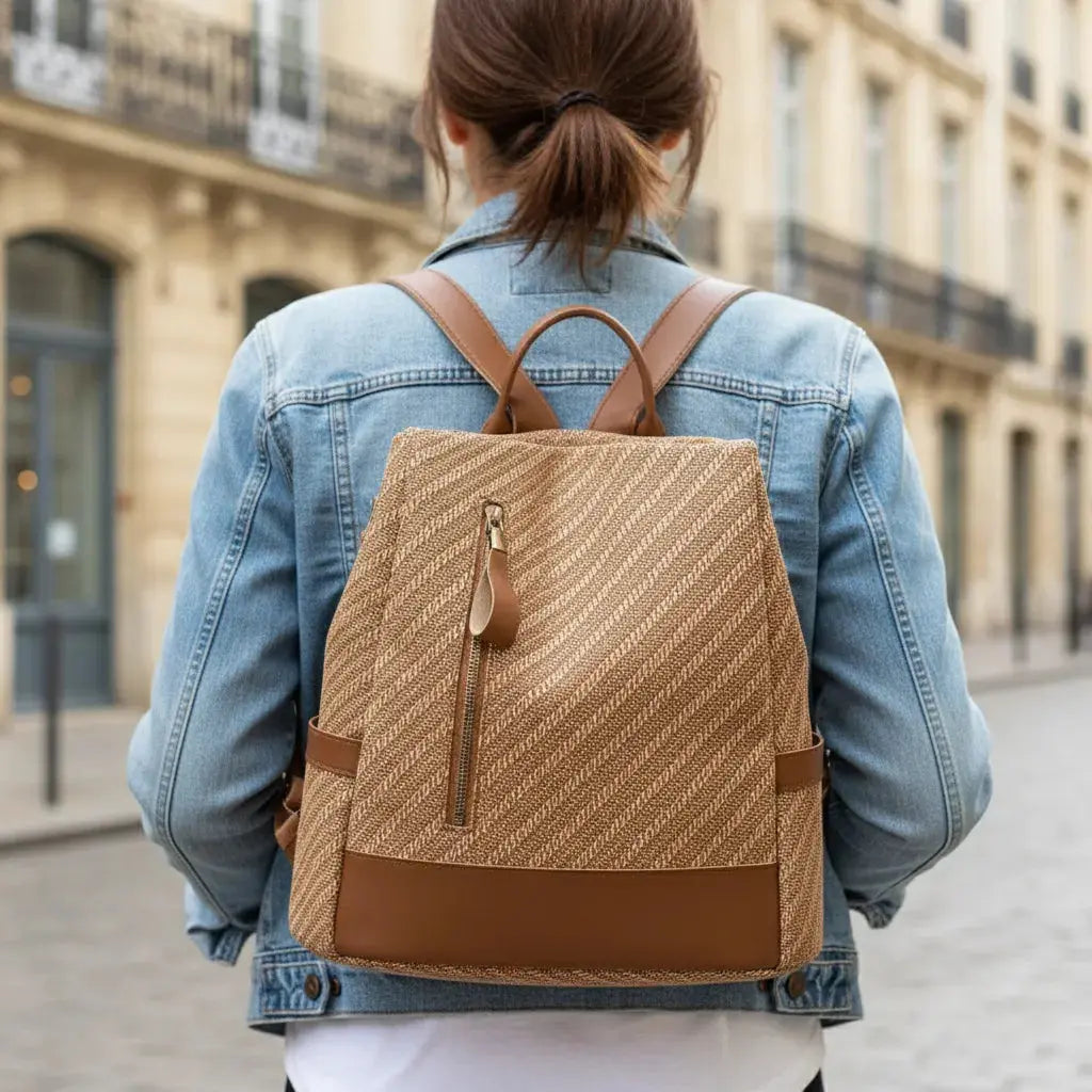 Sac à dos urbain femme cuir Marron, portée dans une rue parisienne