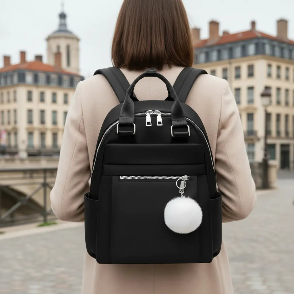 Sac à dos urbain femme imperméable Noir porté de dos en ville