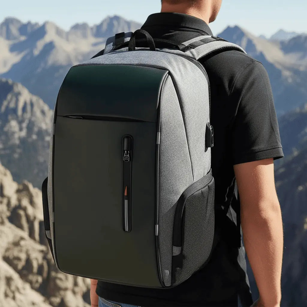 Sac à dos USB intelligent Gris porté à la montagne