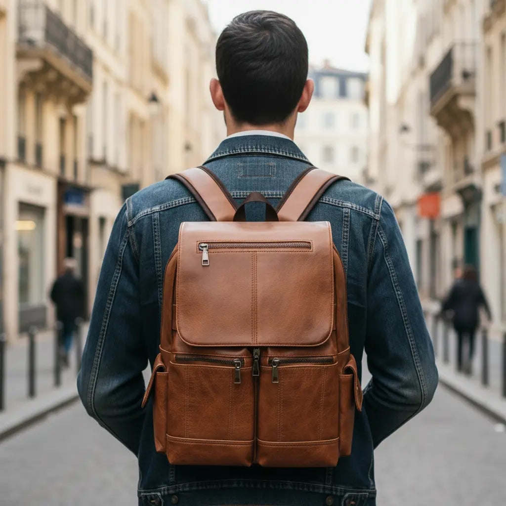Sac à dos vintage homme Khaki, porté par un homme en ville