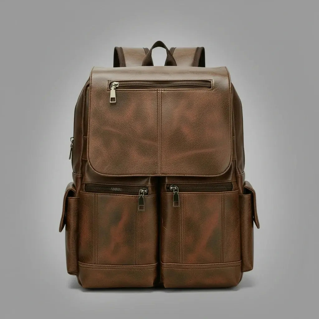 Sac à dos vintage homme Marron, vue de face montrant l'intérieur et les compartiments
