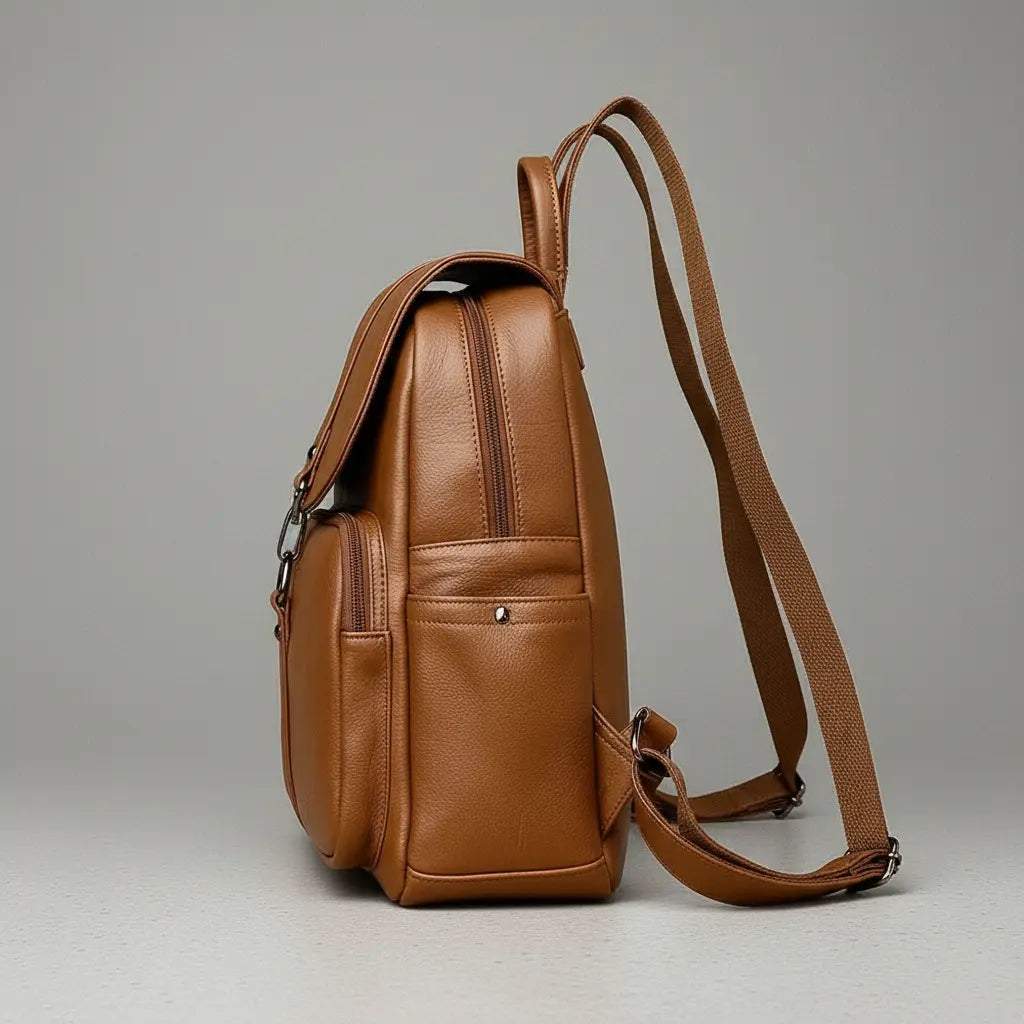 Sac à dos voyage antivol femme Marron, vue de côté avec poche latérale
