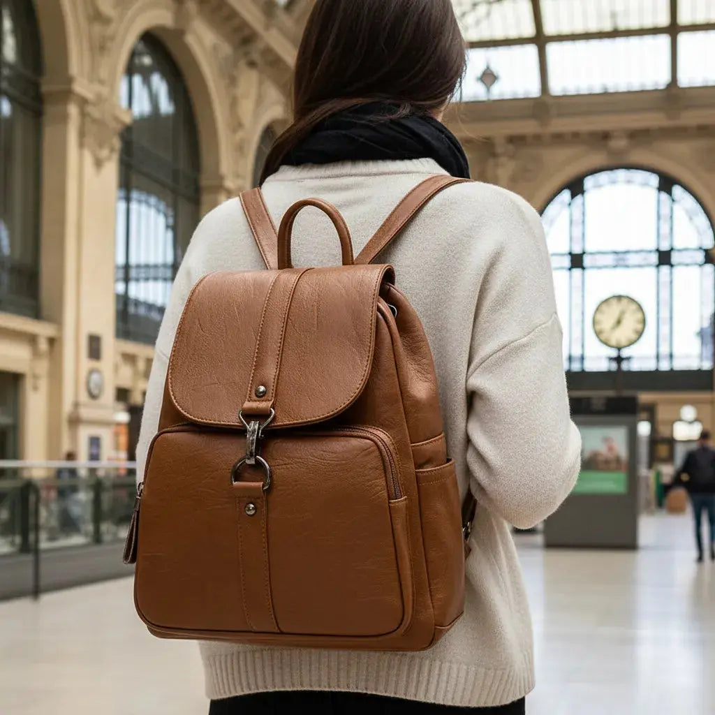 Sac à dos voyage antivol femme Marron porté en gare