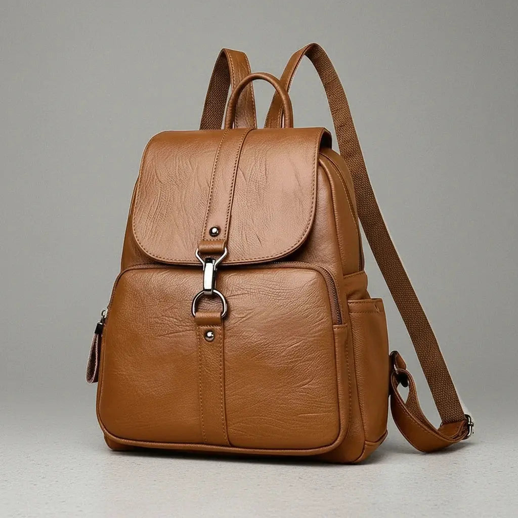Sac à dos voyage antivol femme Marron, vue de profil avec détail des sangles