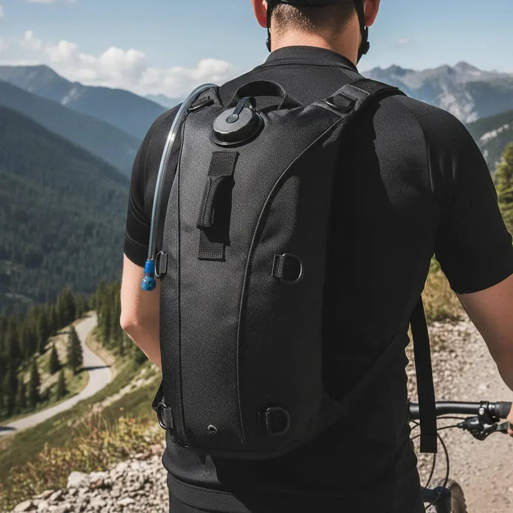 Sac à dos voyage militaire Neutre Noir porté à vélo sur un sentier de montagne