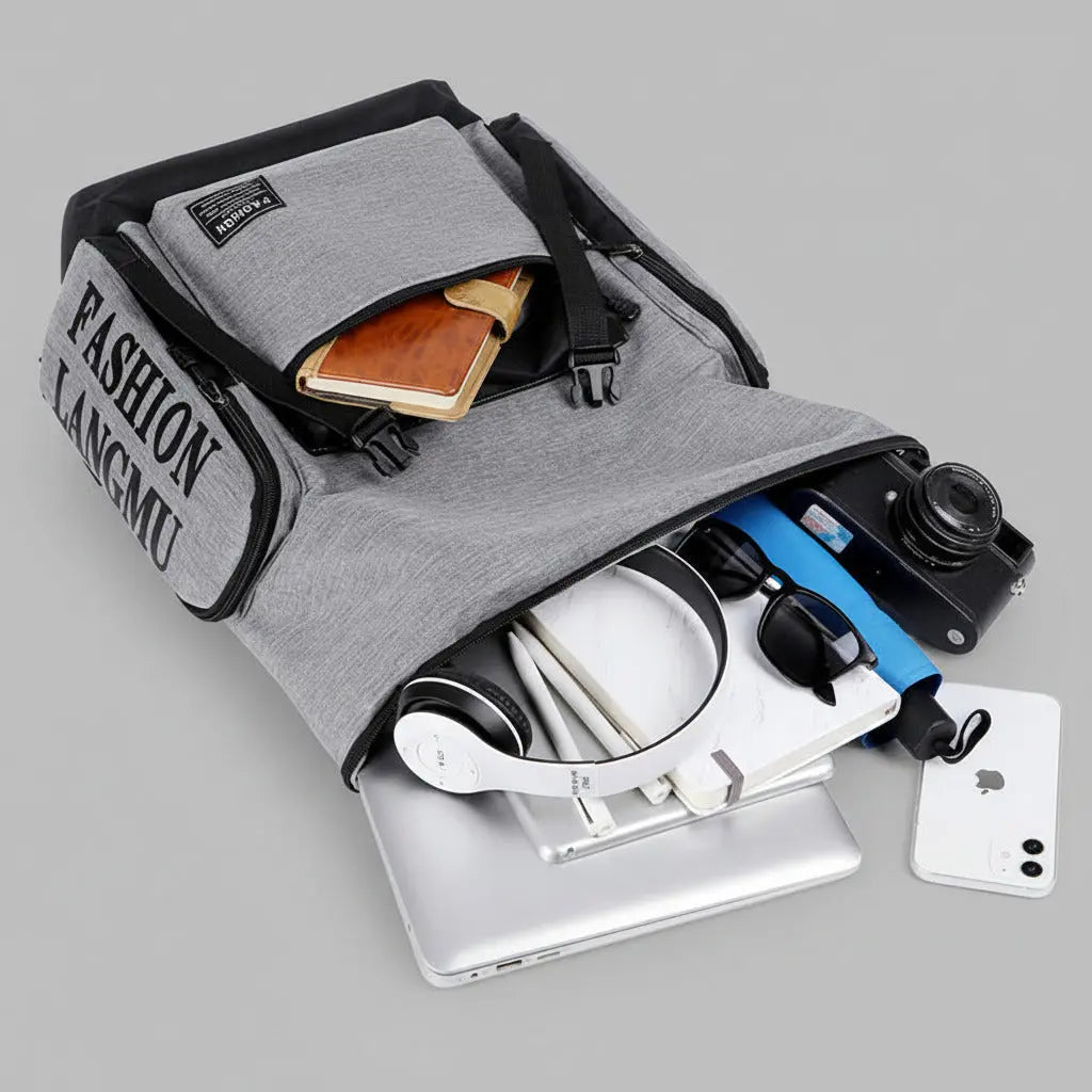 Détail de l'intérieur spacieux et organisé du Sac à Dos Voyage Multifonctionnel Gris avec ordinateur et accessoires
