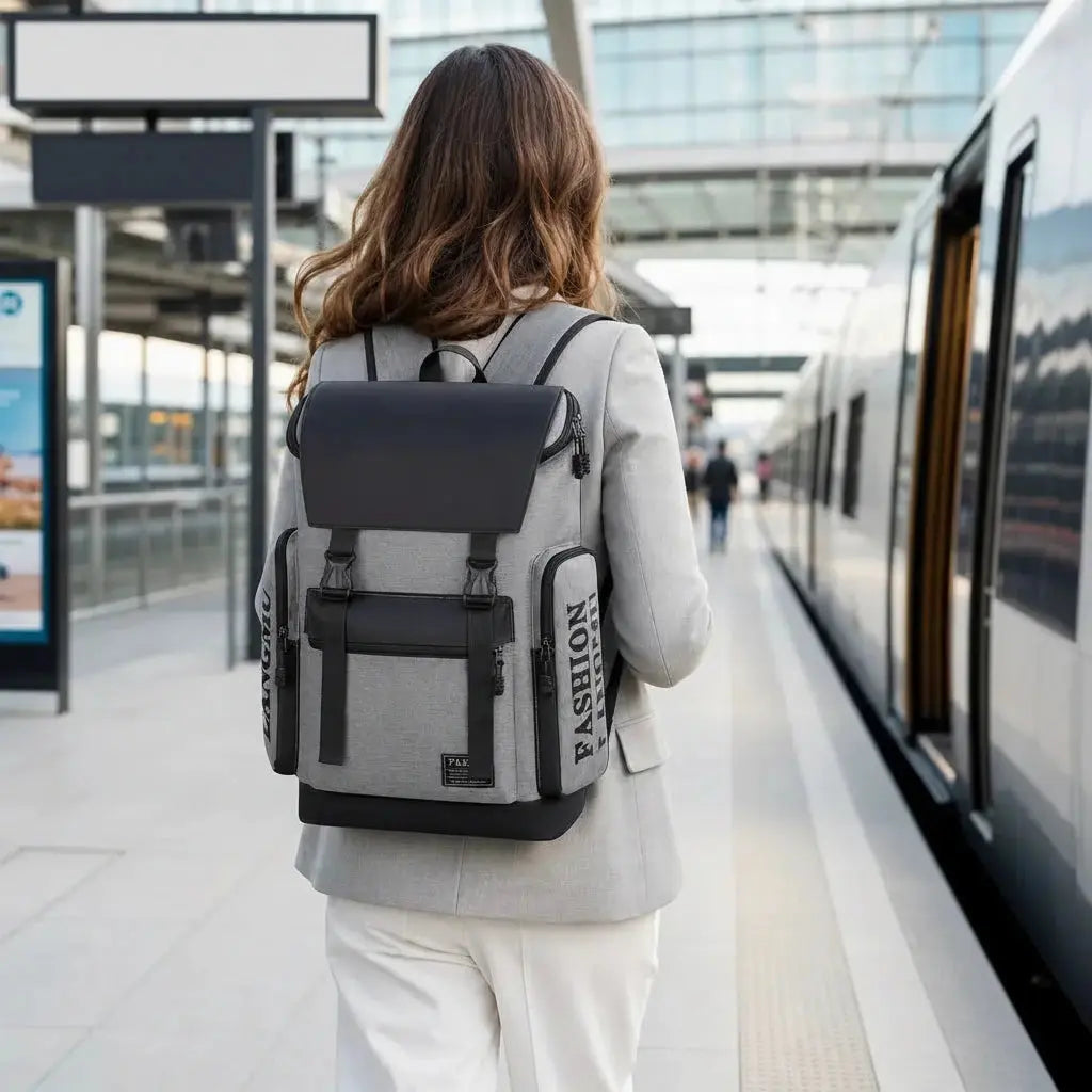 Une jeune femme de profil portant le Sac à Dos de Voyage Multifonctionnel Gris sur le quai d'une gare à Lyon