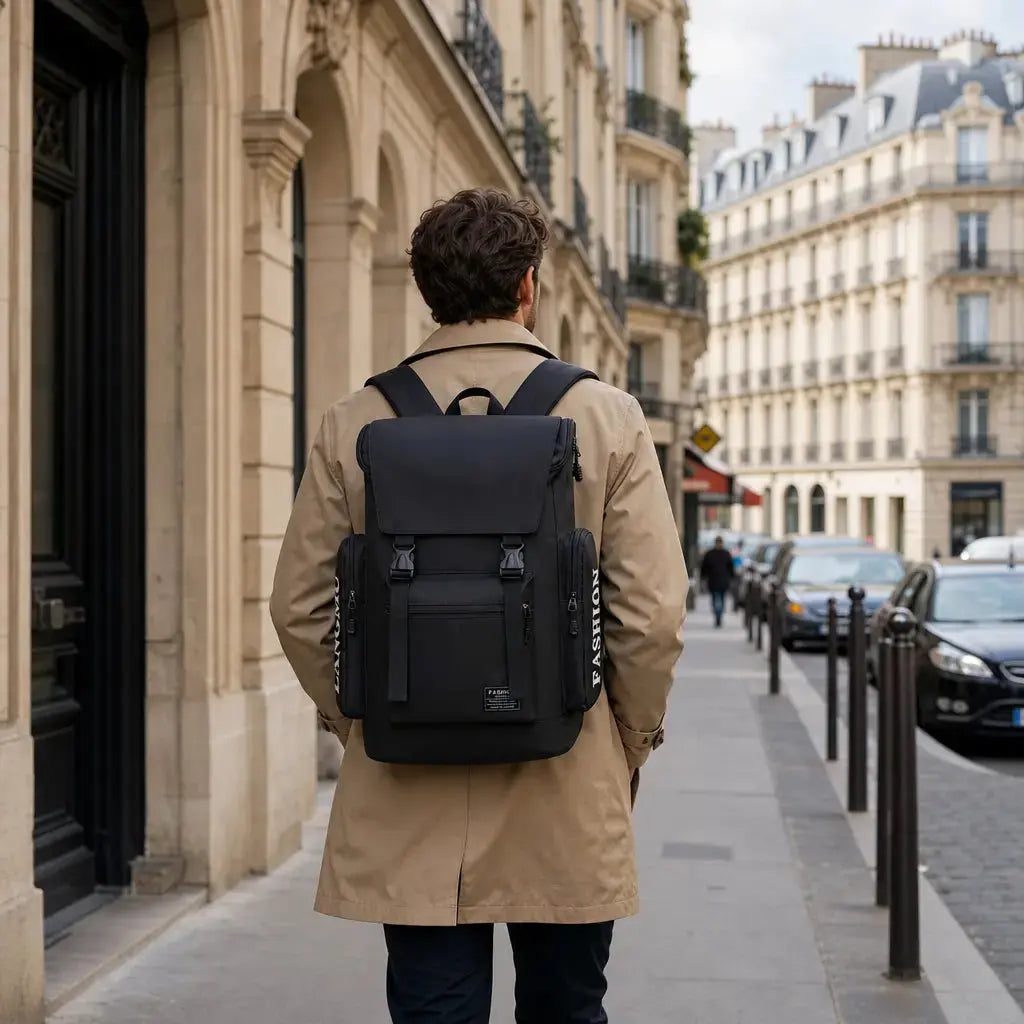 Un homme élégant de dos portant le Sac à Dos de Voyage Multifonctionnel Noir dans une rue animée de Paris