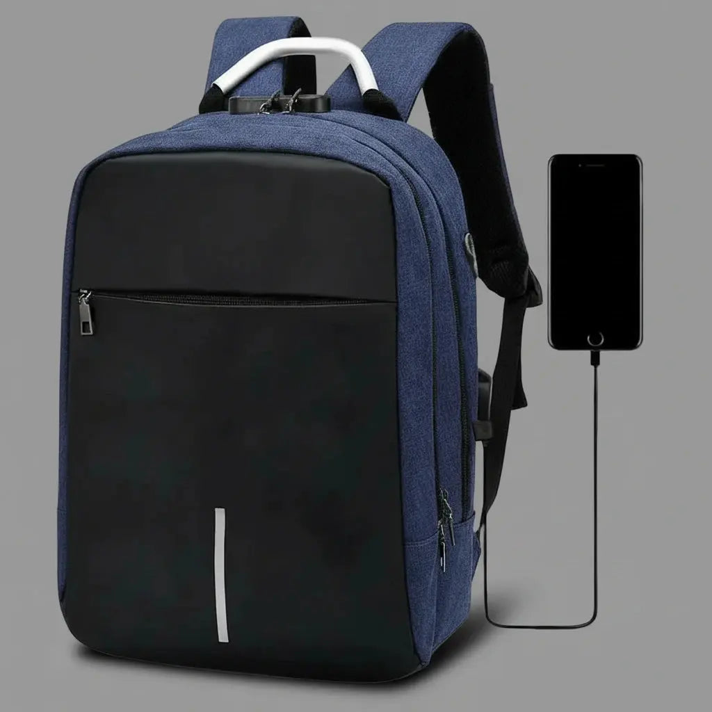 Sac à dos ordinateur avec charge USB Bleu, vue de profil avec un téléphone branché