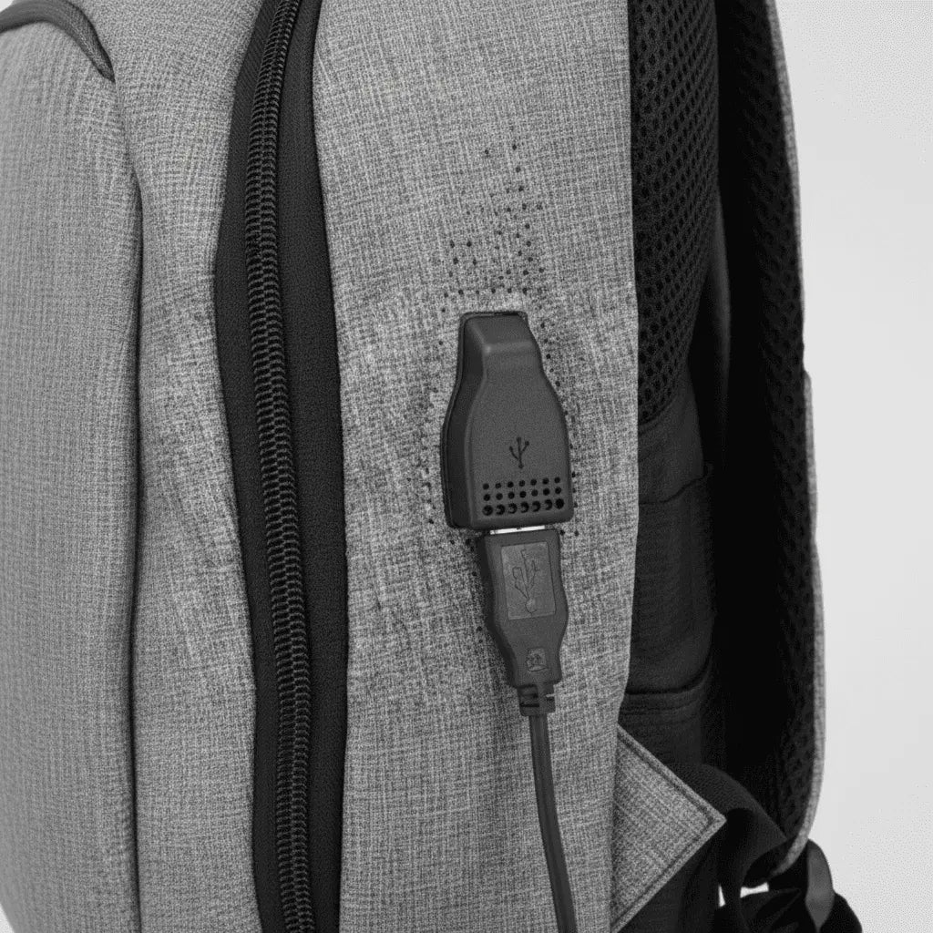 Gros plan du port de charge USB externe sur le sac à dos ordinateur