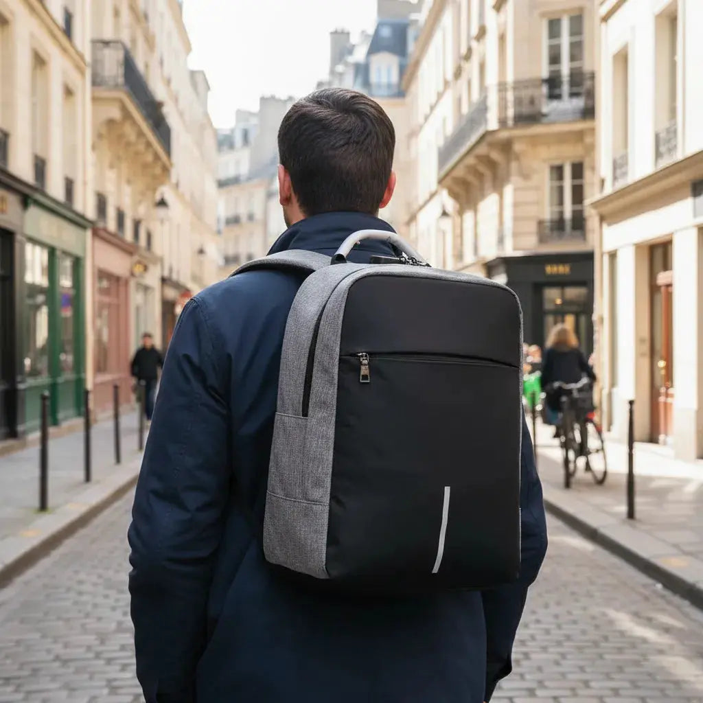 Sac à dos ordinateur avec charge USB Gris porté dans une rue pavée
