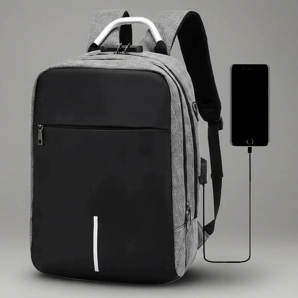 Sac à dos ordinateur avec charge USB Gris, vue de profil avec recharge de téléphone