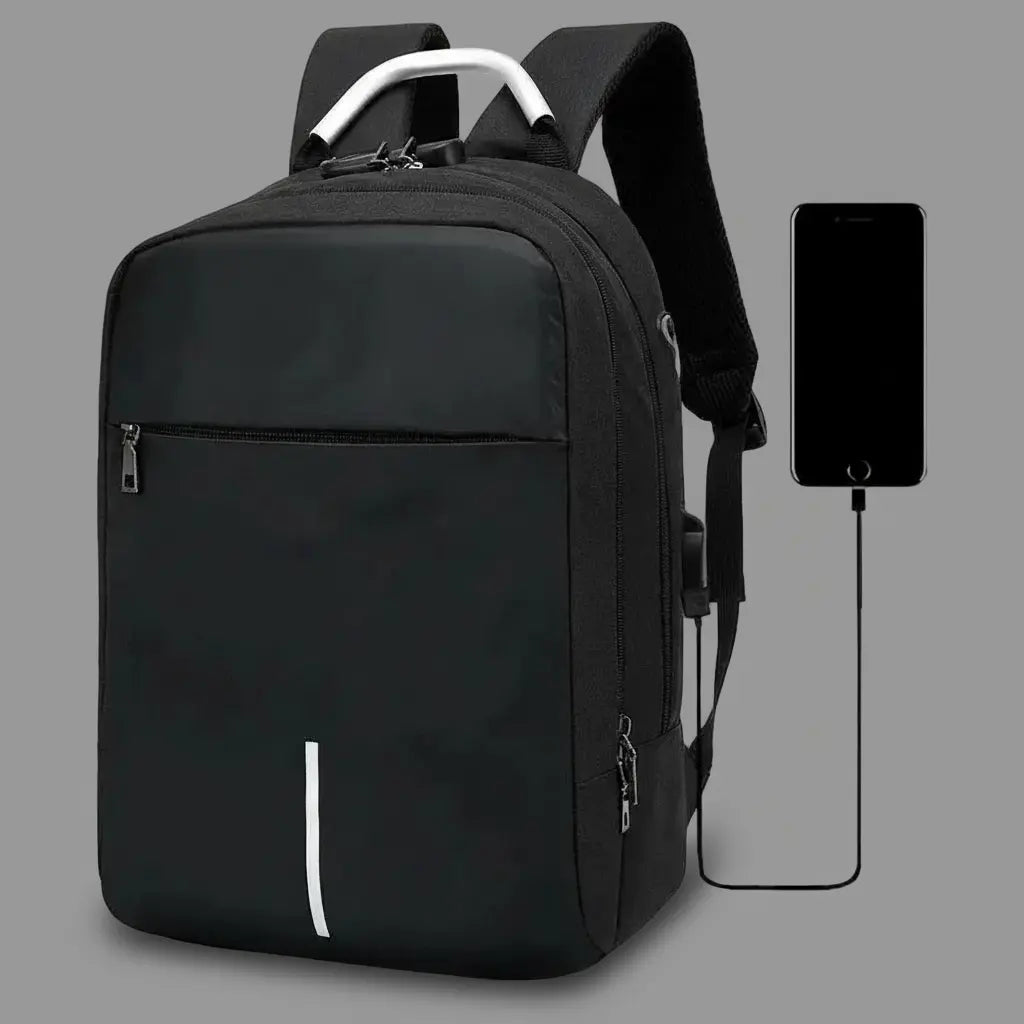 Sac à dos ordinateur avec charge USB Noir, vue de profil avec un téléphone branché