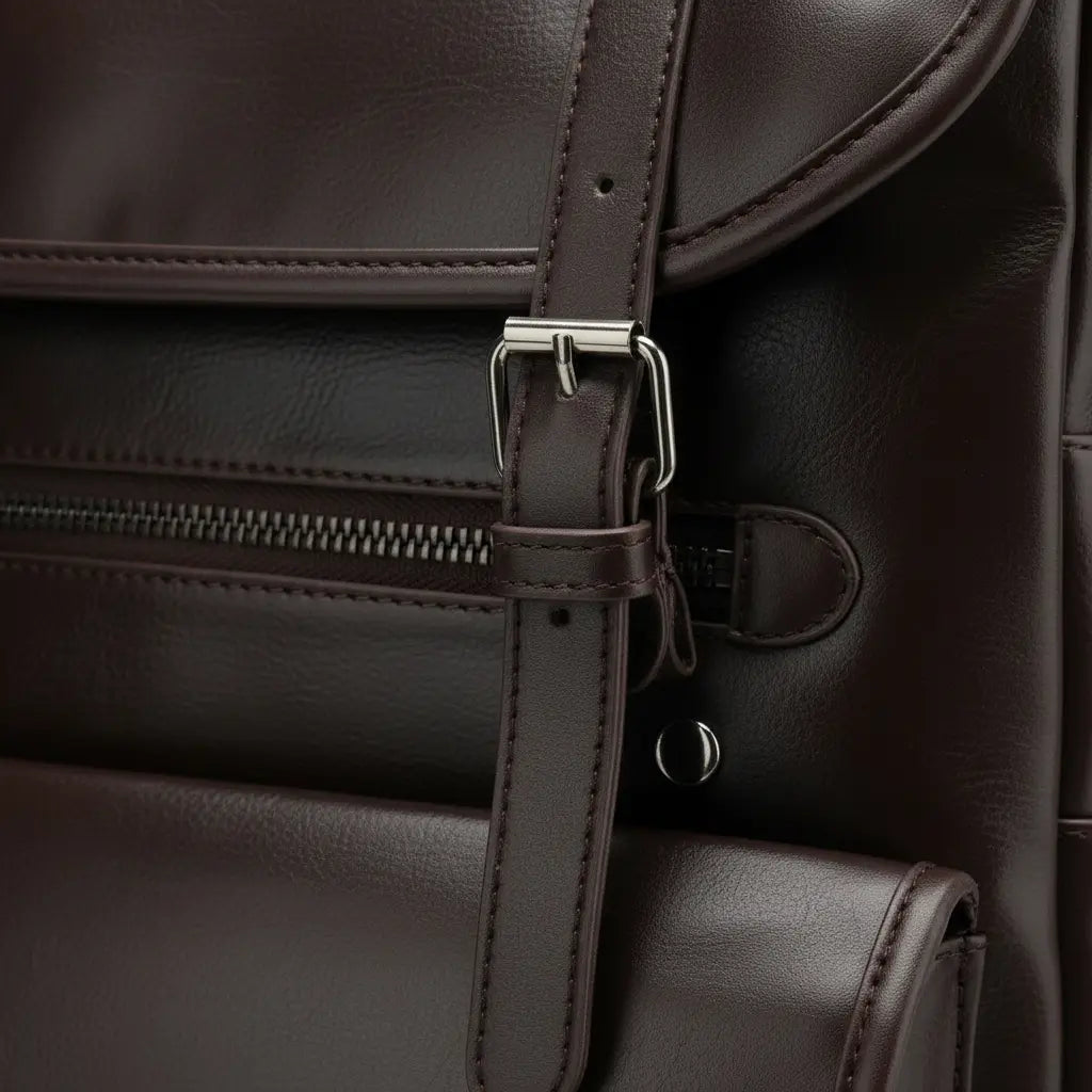 Sac étudiant cuir Khak, vue zoomée sur les fermetures