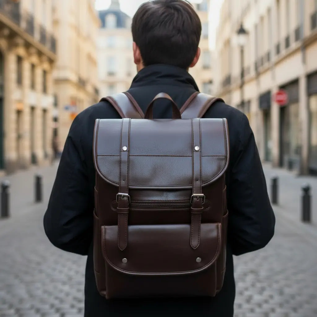Sac etudiant cuir Noir porté par une personne marchant en ville