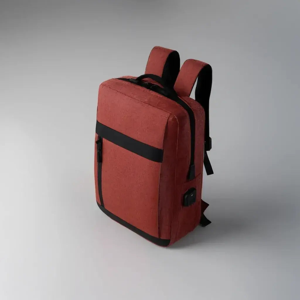 Vue diagonale 3/4 avant du sac à dos ordinateur imperméable Rouge