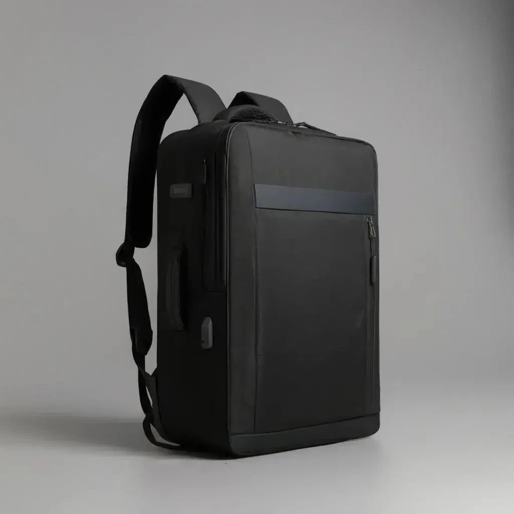 Vue latérale du sac à dos ordinateur imperméable Noir